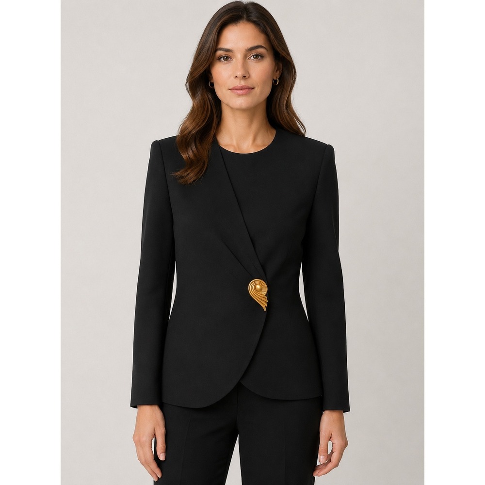 Kasper for ASL Vintage Black Asymmetrical Gold Button Blazer Jacket Size 8